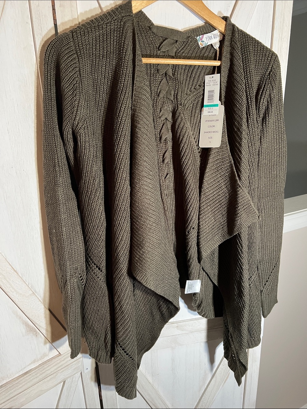 Pink Rose Olive Green Open-Front Draped Cardigan